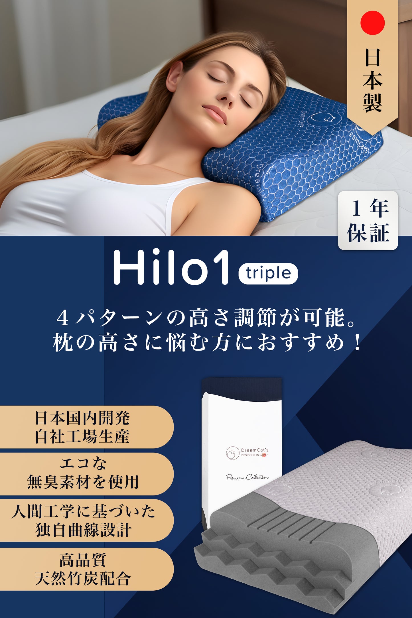 【HILO1】TRIPLE 枕 三層構造 低反発 寝帰りしやすい