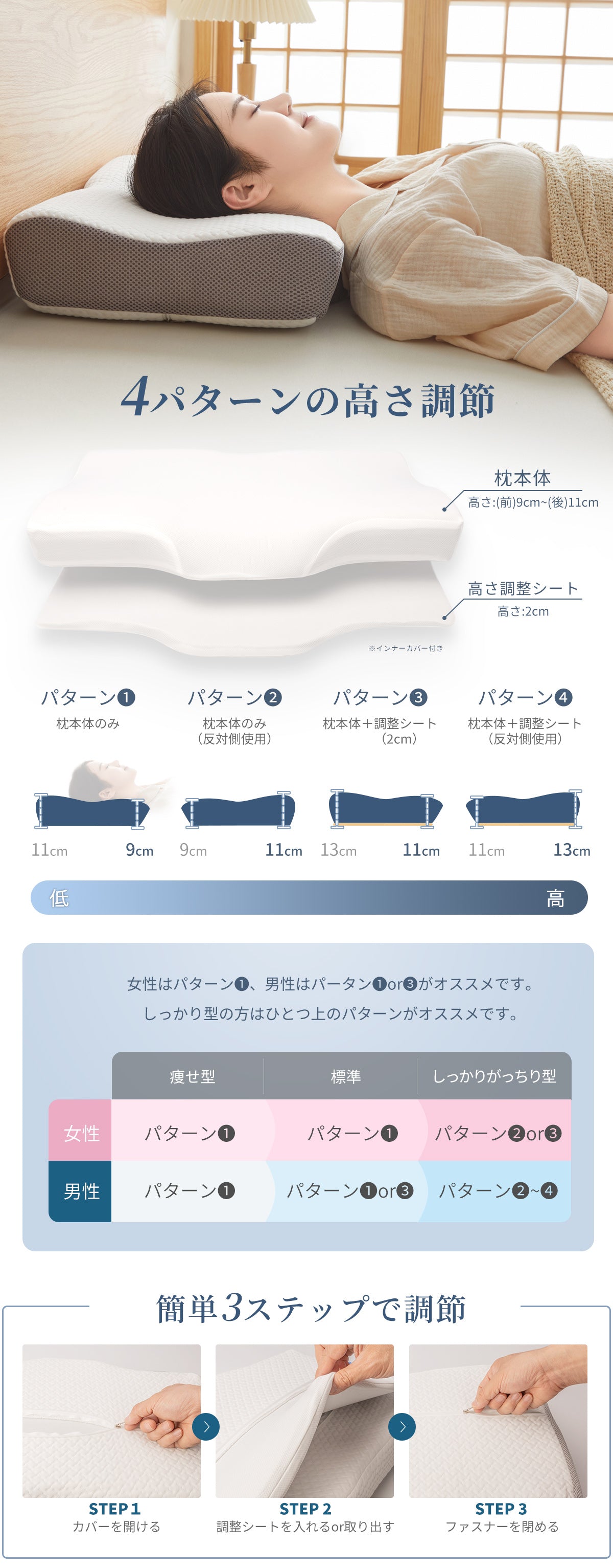 HILO1】プレミアム低反発枕 人間工学に基づいたデザイン 高さ調節可能